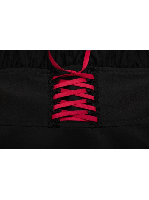 Black Mesh Bubble Sleeve Flounce Cuff Back Waist Red Lace-Up Gothic Dress