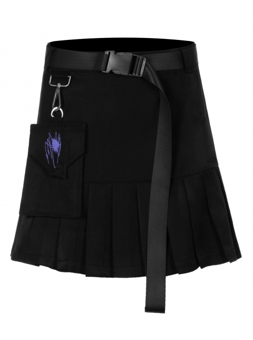 Buckle Belt Waist Bag Spider Embroidery Black Punk Pleated Skirt