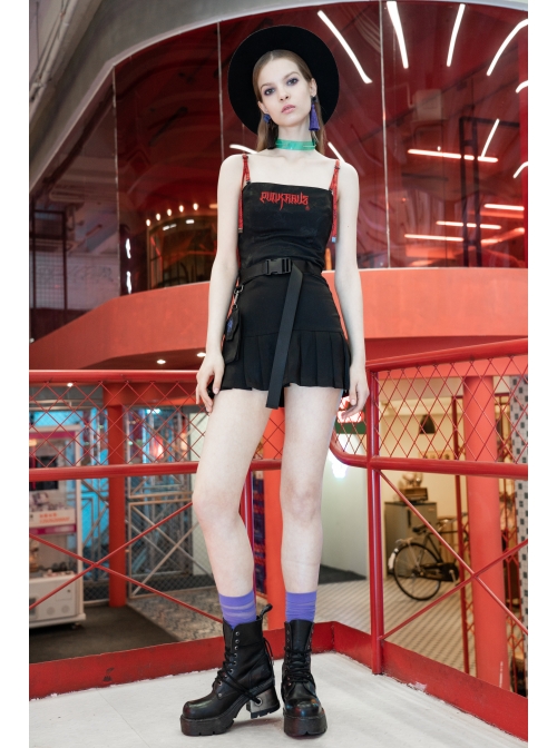 Buckle Belt Waist Bag Spider Embroidery Black Punk Pleated Skirt