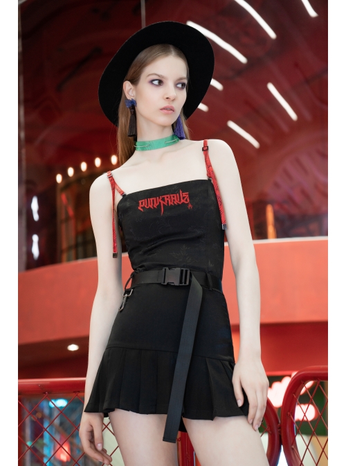 Buckle Belt Waist Bag Spider Embroidery Black Punk Pleated Skirt