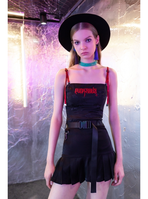 Buckle Belt Waist Bag Spider Embroidery Black Punk Pleated Skirt