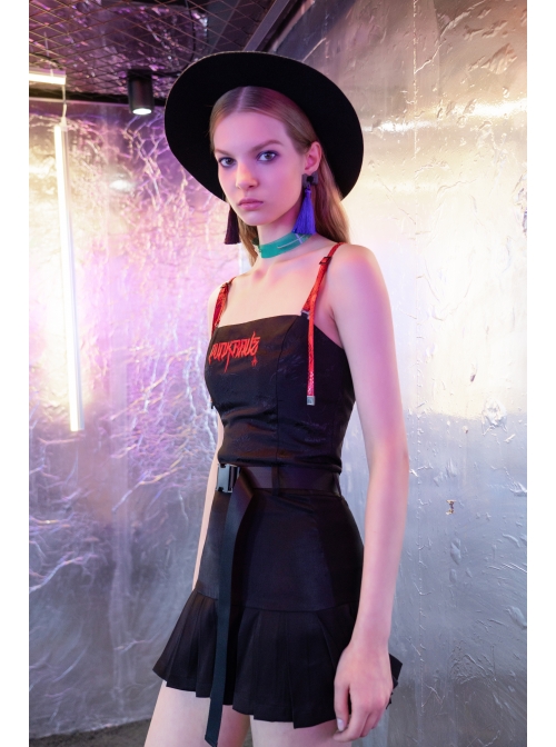Buckle Belt Waist Bag Spider Embroidery Black Punk Pleated Skirt
