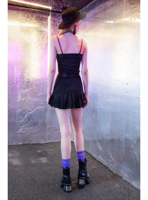 Buckle Belt Waist Bag Spider Embroidery Black Punk Pleated Skirt