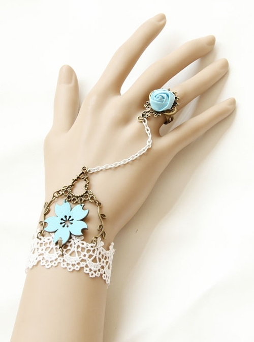 Vintage Gothic White Lace Blue Rose Bracelet Ring Set Jewelry
