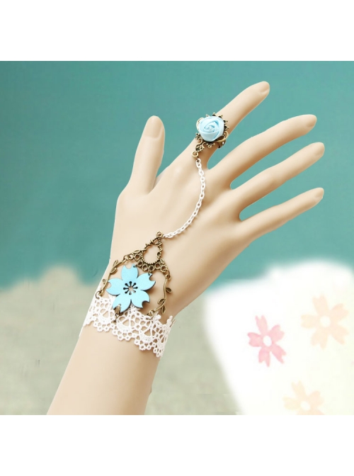 Vintage Gothic White Lace Blue Rose Bracelet Ring Set Jewelry