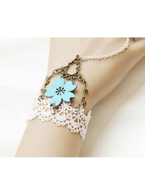Vintage Gothic White Lace Blue Rose Bracelet Ring Set Jewelry