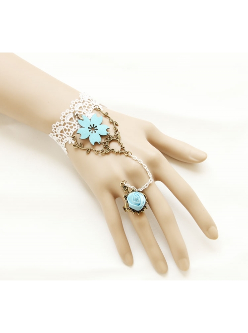 Vintage Gothic White Lace Blue Rose Bracelet Ring Set Jewelry