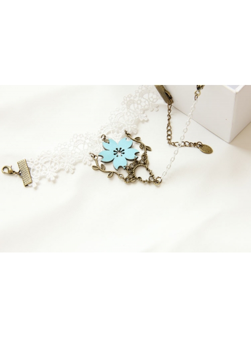 Vintage Gothic White Lace Blue Rose Bracelet Ring Set Jewelry