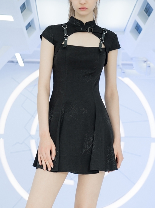 Button Collar Front Chest Hollow-Out Leather Shoulder Strap Black Punk Chinese Style Dress