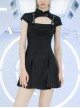 Button Collar Front Chest Hollow-Out Leather Shoulder Strap Black Punk Chinese Style Dress