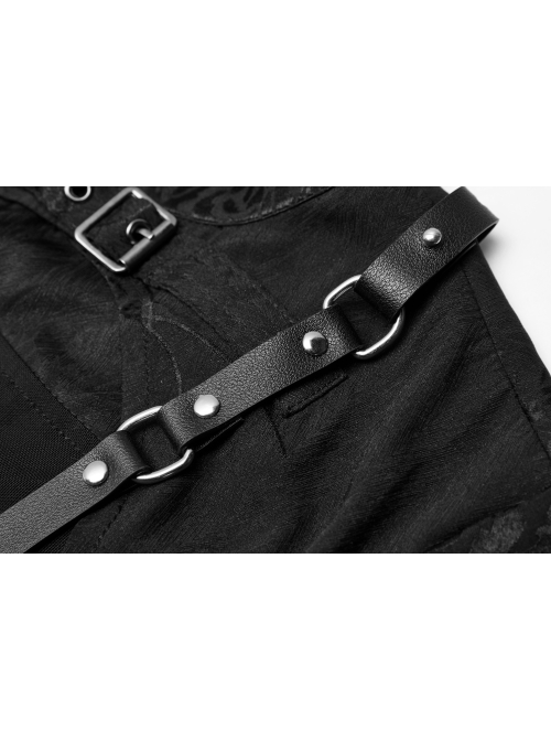 Button Collar Front Chest Hollow-Out Leather Shoulder Strap Black Punk Chinese Style Dress