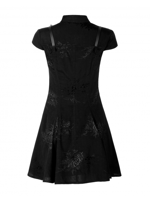 Button Collar Front Chest Hollow-Out Leather Shoulder Strap Black Punk Chinese Style Dress