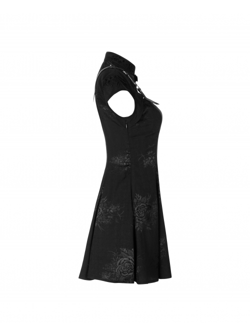 Button Collar Front Chest Hollow-Out Leather Shoulder Strap Black Punk Chinese Style Dress