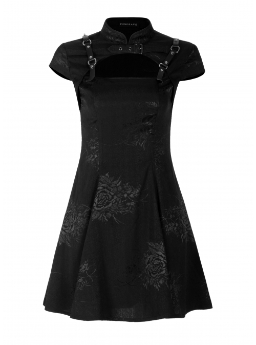 Button Collar Front Chest Hollow-Out Leather Shoulder Strap Black Punk Chinese Style Dress