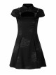 Button Collar Front Chest Hollow-Out Leather Shoulder Strap Black Punk Chinese Style Dress