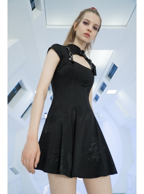 Button Collar Front Chest Hollow-Out Leather Shoulder Strap Black Punk Chinese Style Dress