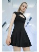 Button Collar Front Chest Hollow-Out Leather Shoulder Strap Black Punk Chinese Style Dress