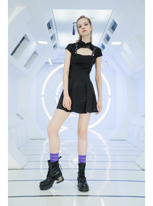 Button Collar Front Chest Hollow-Out Leather Shoulder Strap Black Punk Chinese Style Dress