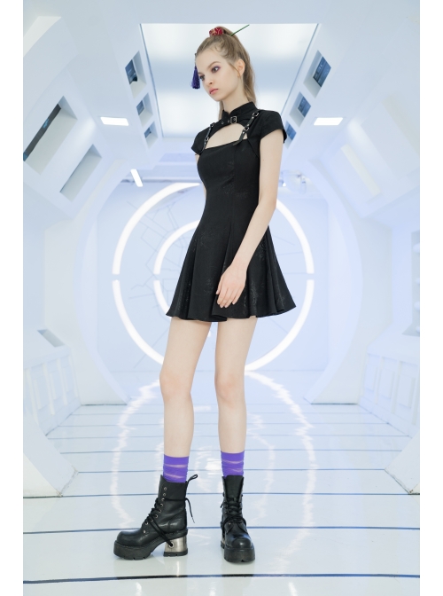 Button Collar Front Chest Hollow-Out Leather Shoulder Strap Black Punk Chinese Style Dress
