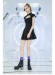 Button Collar Front Chest Hollow-Out Leather Shoulder Strap Black Punk Chinese Style Dress