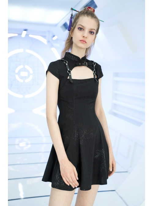 Button Collar Front Chest Hollow-Out Leather Shoulder Strap Black Punk Chinese Style Dress
