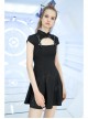 Button Collar Front Chest Hollow-Out Leather Shoulder Strap Black Punk Chinese Style Dress