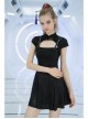 Button Collar Front Chest Hollow-Out Leather Shoulder Strap Black Punk Chinese Style Dress