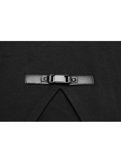 Black Bubble Sleeve Splice Mesh Split Hem Leather Buckle Loop Punk Chinese Style Improved Cheongsam Dress