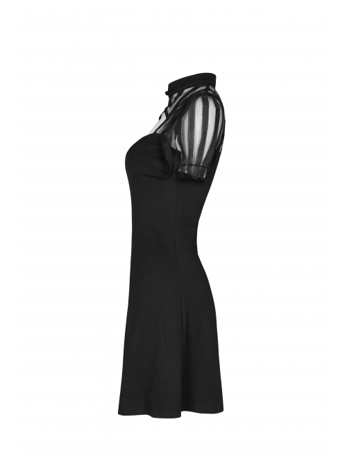 Black Bubble Sleeve Splice Mesh Split Hem Leather Buckle Loop Punk Chinese Style Improved Cheongsam Dress