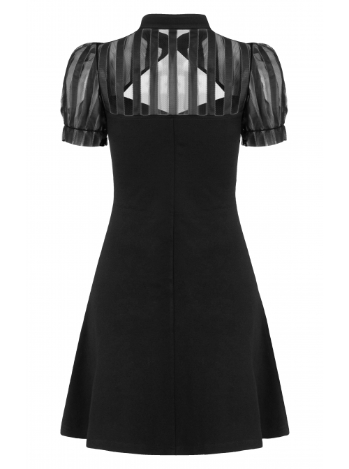 Black Bubble Sleeve Splice Mesh Split Hem Leather Buckle Loop Punk Chinese Style Improved Cheongsam Dress