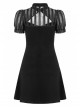 Black Bubble Sleeve Splice Mesh Split Hem Leather Buckle Loop Punk Chinese Style Improved Cheongsam Dress