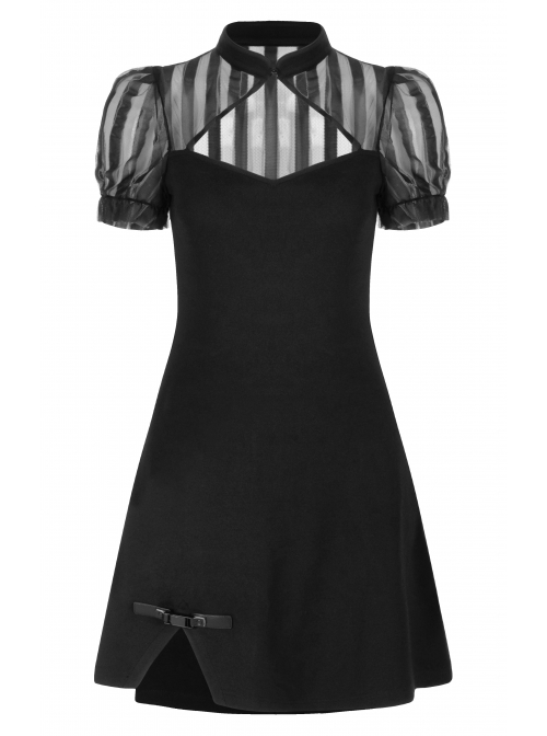 Black Bubble Sleeve Splice Mesh Split Hem Leather Buckle Loop Punk Chinese Style Improved Cheongsam Dress