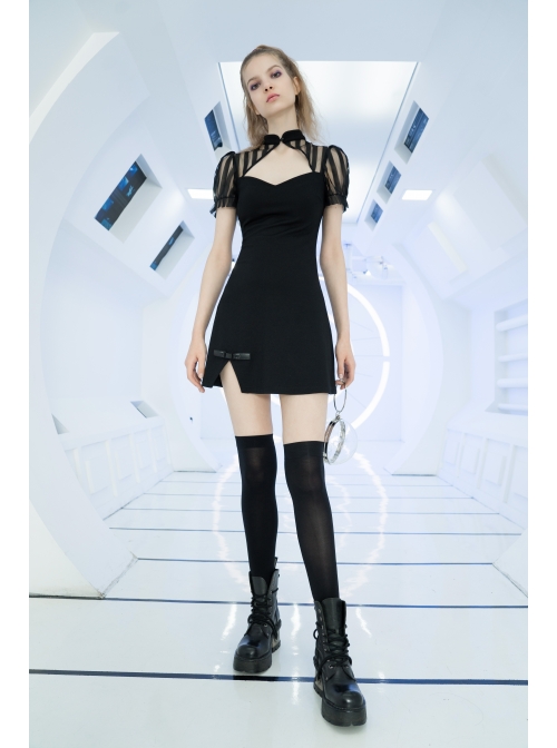 Black Bubble Sleeve Splice Mesh Split Hem Leather Buckle Loop Punk Chinese Style Improved Cheongsam Dress