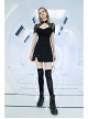 Black Bubble Sleeve Splice Mesh Split Hem Leather Buckle Loop Punk Chinese Style Improved Cheongsam Dress