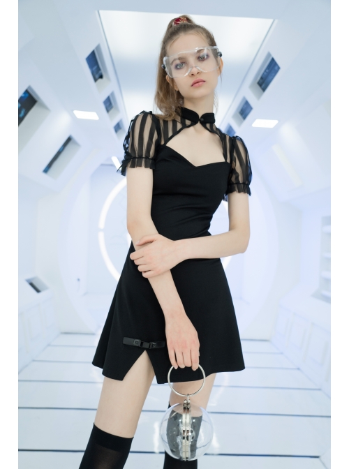 Black Bubble Sleeve Splice Mesh Split Hem Leather Buckle Loop Punk Chinese Style Improved Cheongsam Dress