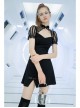 Black Bubble Sleeve Splice Mesh Split Hem Leather Buckle Loop Punk Chinese Style Improved Cheongsam Dress