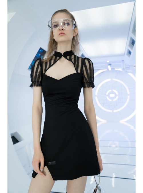 Black Bubble Sleeve Splice Mesh Split Hem Leather Buckle Loop Punk Chinese Style Improved Cheongsam Dress