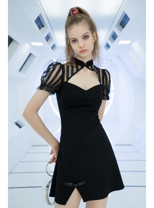Black Bubble Sleeve Splice Mesh Split Hem Leather Buckle Loop Punk Chinese Style Improved Cheongsam Dress