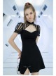 Black Bubble Sleeve Splice Mesh Split Hem Leather Buckle Loop Punk Chinese Style Improved Cheongsam Dress