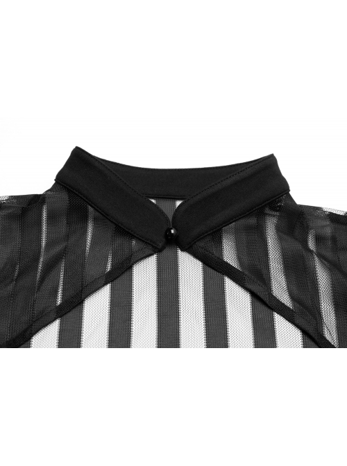 Black Bubble Sleeve Splice Mesh Split Hem Leather Buckle Loop Punk Chinese Style Improved Cheongsam Dress