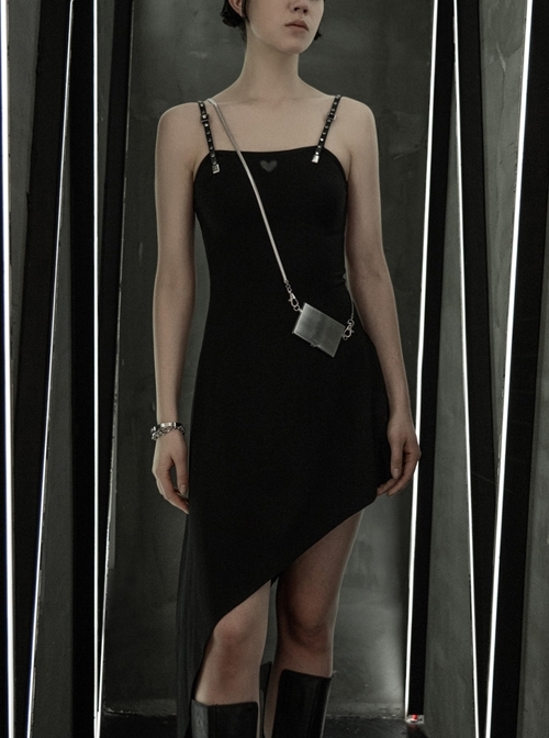Front Chest Coriaceous Love Embroidery Metal Rivet Leather Shoulder Strap Oblique Hem Black Punk Dress