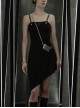 Front Chest Coriaceous Love Embroidery Metal Rivet Leather Shoulder Strap Oblique Hem Black Punk Dress