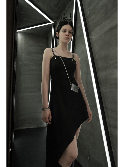 Front Chest Coriaceous Love Embroidery Metal Rivet Leather Shoulder Strap Oblique Hem Black Punk Dress
