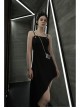 Front Chest Coriaceous Love Embroidery Metal Rivet Leather Shoulder Strap Oblique Hem Black Punk Dress