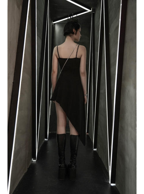 Front Chest Coriaceous Love Embroidery Metal Rivet Leather Shoulder Strap Oblique Hem Black Punk Dress