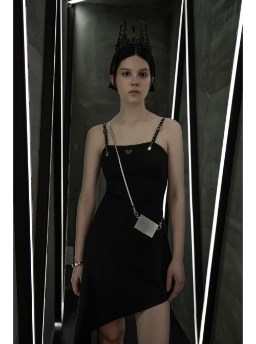 Front Chest Coriaceous Love Embroidery Metal Rivet Leather Shoulder Strap Oblique Hem Black Punk Dress