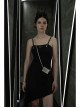 Front Chest Coriaceous Love Embroidery Metal Rivet Leather Shoulder Strap Oblique Hem Black Punk Dress