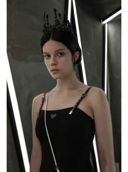Front Chest Coriaceous Love Embroidery Metal Rivet Leather Shoulder Strap Oblique Hem Black Punk Dress