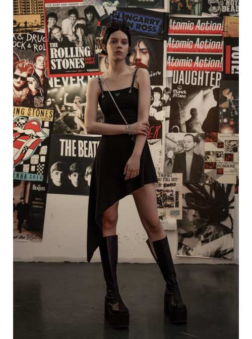Front Chest Coriaceous Love Embroidery Metal Rivet Leather Shoulder Strap Oblique Hem Black Punk Dress