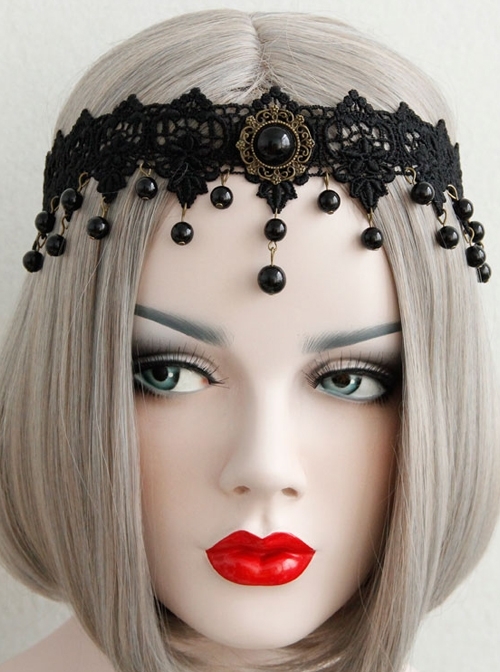 Gothic Vampire Black Lace Pearl Halloween Performer Headband